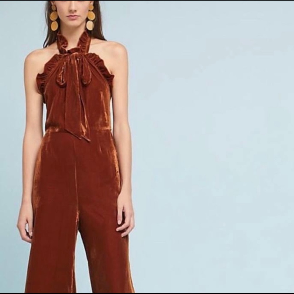 Anthropologie Burnt Orange Velvet Jumpsuit
